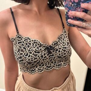 Trashy Lingerie Lace Bra Top Y2K Medium Black & Beige Sheer Floral